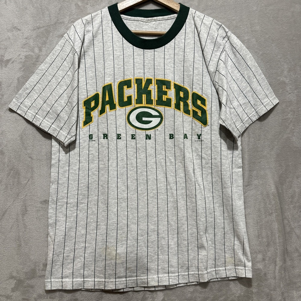 Vintage 90s‎ Green Bay Packers Pinstripe T-Shirt Gray Crew Neck Short Sleeve